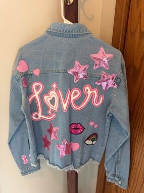 TS Taylor Lover Jean Jacket - Light Blue Denim Jacket with Pink 'Lover' Patches